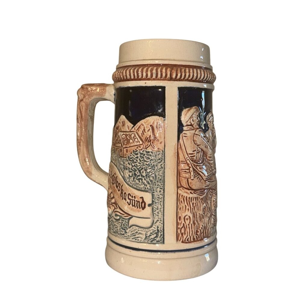 Vintage German Beer Stein 16 Oz Ceramic Handcrafted "Auf Der Alm" Scenes Embosse